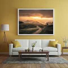 mockup poster frame in modern interior background, living room, Scandinavian style, furniture, home, design, couch, house3D illustration, Room, interior, sofa
, bedchamber, 3D render, 
