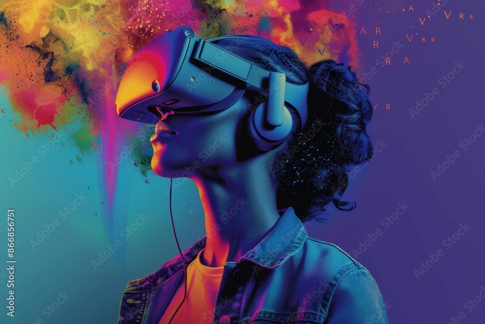 Sticker woman using vr headset for holographic interaction in digital environment