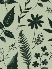Fototapeta premium A contemporary pattern featuring dark silhouettes of various leaves and flowers on a light green background. This design is perfect for eco-conscious branding and businesses. Generative AI