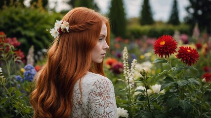 Naklejka premium Red-haired girl in the garden with flowers, half-side, back. Woman with flowers in red hair