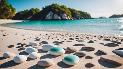 White sandy beach with a few small rocks, emerald green sea, and clear blue sky