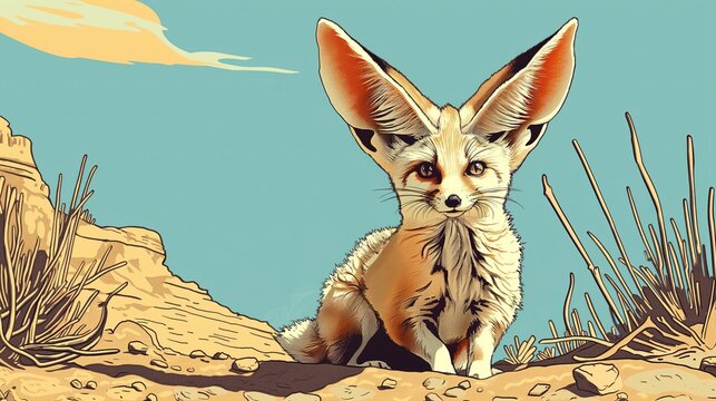 A fennec fox with large ears sits in a desert setting with a blue sky.