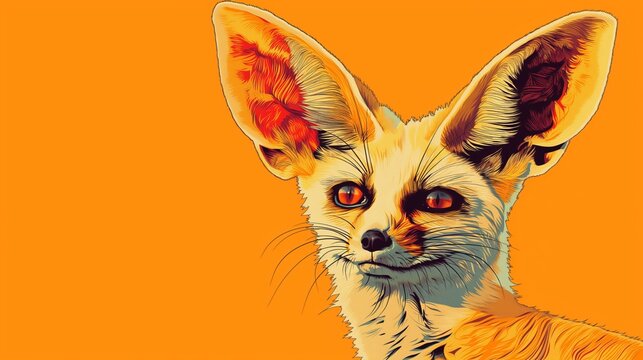Digital art of a fennec fox with large ears on an orange background. Vibrant and colorful design.