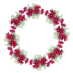 Round wreath of red, pink, purple cosmos flowers. Watercolor illustration of round frame template for cards for Mother's Day, Valentine's Day, textile, fabric, perfume, aromatherapy, alchemy, magic