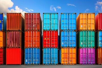 Fototapeta premium Colorful Shipping Containers, Stacked multicolored containers, Global trade