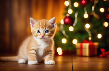 A cute little kitten is sitting on the background of a Christmas tree, on the background of a bokeh and New Year's gifts, a New Year's card, copy space