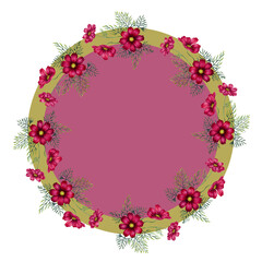 Round wreath of red, pink, purple cosmos flowers. Watercolor illustration of round frame template for cards for Mother's Day, Valentine's Day, textile, fabric, perfume, aromatherapy, alchemy, magic