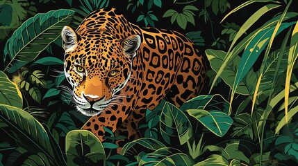 A jaguar prowls through dense jungle foliage, its intense eyes alert, body camouflaged among the leaves.