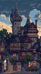 A picturesque medieval village with tall towers and charming houses bathed in the warm glow of twilight.