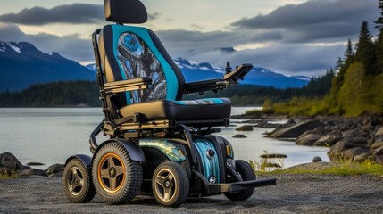 Tranquil scene  empty wheelchair by lake surrounded by stunning colors during sunset