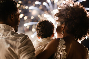 Happy African American family with little boy looking beautiful colorful holiday fireworks in the evening sky