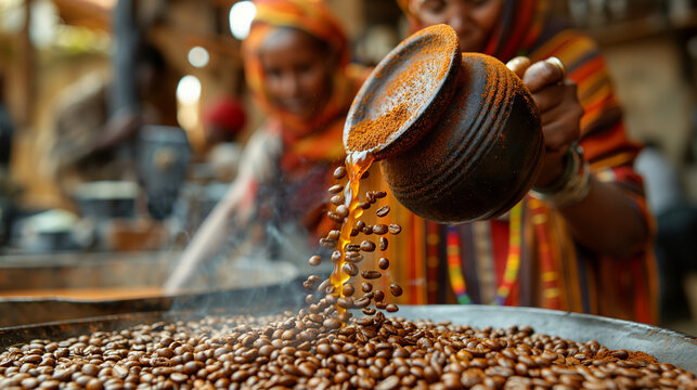 A telephoto angle capture of a traditional Ethiopian coffee ceremony, with a woman roasting beans and pouring coffee from a jebena pot, environmental scientists, engineers, activis