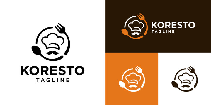 Vector design template of restaurant logo.
Chef hat, spoon, fork, menu, dishes.
Icon symbol EPS 10.