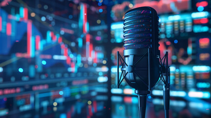 Professional microphone with stock market charts background.