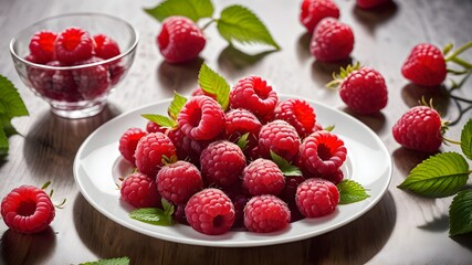 Raspberries placed on a white plate.