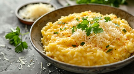 Close-Up of Creamy Saffron Risotto with Parmesan and Parsley