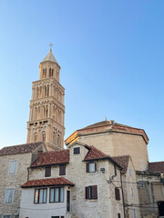 Fototapeta premium Rural houses in the center of Split and the bell tower of the Cathedral of Saint Dominion of Salona