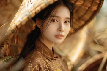 portrait of a traditional Vietnamese woman wearing a triangular hat. Asia. young girl