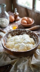Fototapeta premium Rustic kitchen with dough preparation, wooden bowl and eggs. Homemade baking concept