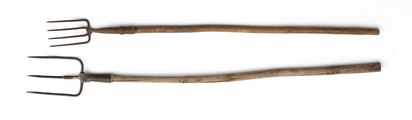 old pitchfork for hay isolated on white background