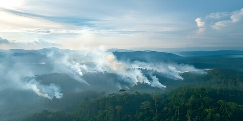 Impact of deforestation Fires, illegal logging, and palm oil plantations from an aerial perspective. Concept Deforestation Fires, Illegal Logging, Palm Oil Plantations, Aerial View