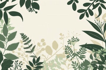 A modern, eco-friendly design featuring silhouettes of various leaves and flowers on a creamy background. Generative AI