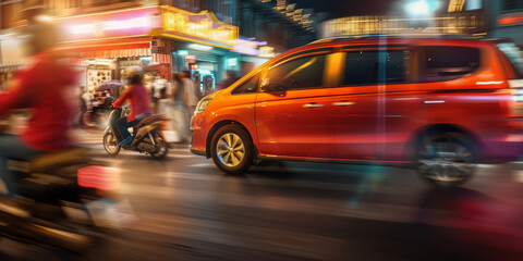 Motion blur photograph of a red car and motorbike on a busy night street, capturing the essence of city life.