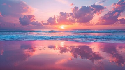 Obraz premium Beautiful sunset at the beach with waves and colorful sky.