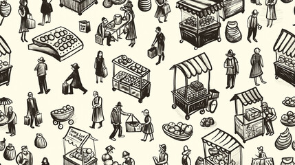 A drawing of a market scene with people shopping and carrying bags