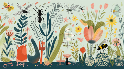 Fototapeta premium A colorful painting of a garden with various insects and flowers