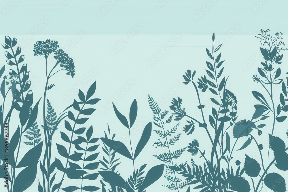 Poster a modern and eco-friendly design with silhouettes of various leaves and flowers on a light blue back