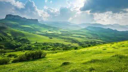 Fototapeta premium Scenic green meadow with stunning hills and cliffs