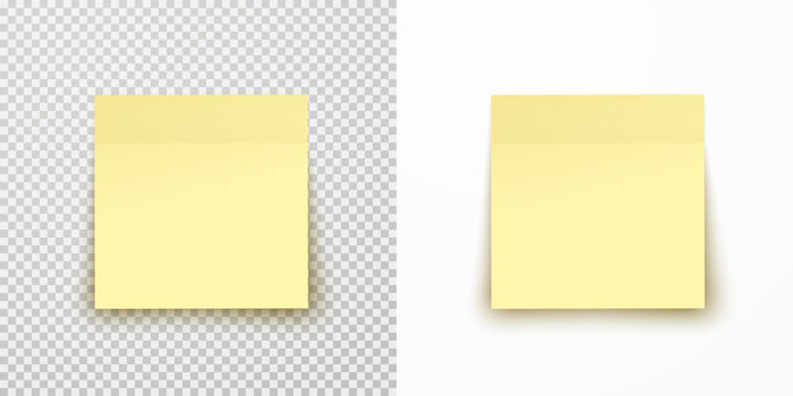 Post note paper sheet or sticky sticker with shadow isolated on transparent and white  backgrounds. Vector yellow office memo template