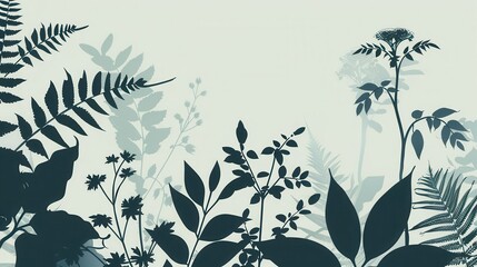 A minimalist botanical illustration featuring a collection of leafy silhouettes on a light, neutral background. Generative AI