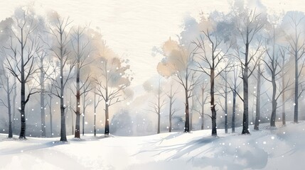 Watercolor painting of a serene winter forest with snow-covered trees, soft light, and a peaceful atmosphere.