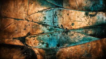 Abstract background with metallic colors and scratched aged textures and faded paints, golden brown and turquoise blue.