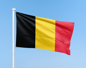 Belgium flag on stick on sky background. Realistic flag illustration
