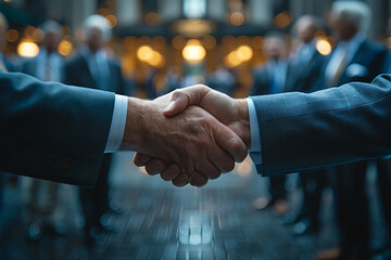 Highprofile corporate merger announcement with CEOs shaking hands in front of a press conference symbolizing major business deals and strategic alliances