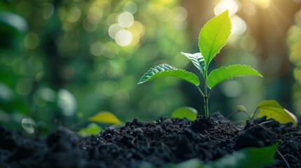 Green plant growing in soil with green nature background. The concept of renewable energy sources Eco