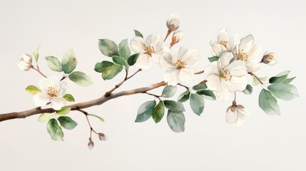 Obraz premium Delicate watercolor painting of a blooming flower branch with white petals and green leaves on a light background, evoking tranquility and nature.