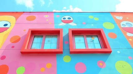 Fototapeta premium Two windows adjacent to a structure displaying a mural of aquatic life on its side