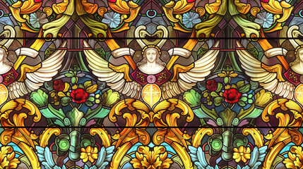 A stained glass window with a woman and angel on it