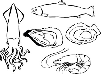 Animales marinos dibujados a mano. Ilustración de animales marinos. Clipart de animales para comida marina calamar, Salmon, Concha de vieira, Camarón, Ostra