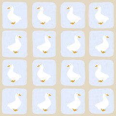 Patrón sin costuras de patos blanco en fondo celeste. Fondo repetitivo con ilustración de patitos para papel de regalo, telas, diseños de redes sociales y papelería. 