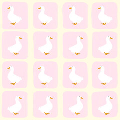 Patrón sin costuras de patos blanco en fondo rosado. Fondo repetitivo con ilustración de patitos para papel de regalo, telas, diseños de redes sociales y papelería. 