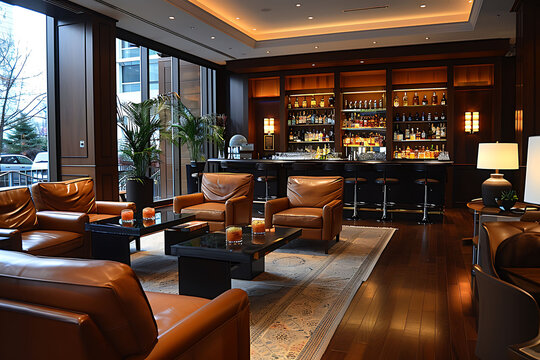 Stylish corporate lounge where business professionals are networking over drinks and hors d'oeuvres creating valuable connections in an upscale elegant environment