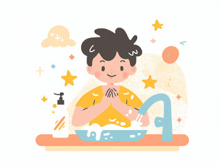 Child washes hands of art illustration, AI generated