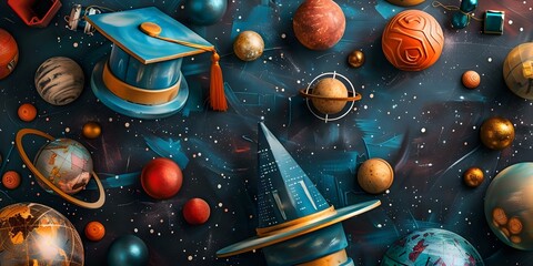 Top view of handcrafted upcycled graduation decorations with a scifi theme. Concept Upcycled Decorations, Graduation Theme, Sci-Fi Elements, DIY Crafts, Top View Shot