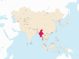 Highlighted red map of MYANMAR inside light red detailed political map of Asia using orthographic projection on white and blue background