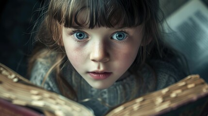 Close up of attractive child reading a book while looking at camera. Elementary student holding fairy tale novel book or bedtime stories with blurring background. Creative activity concept. AIG42. © InfiniteFlow